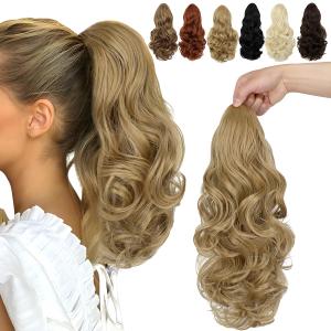 FELENDY 15" Ponytail Extension Drawstring Curly Wavy Ponytail Extensions Clip in Long Pony Tails Hair Cute Synthetic Piece for Women Ash Blonde
