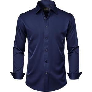 J.VER Men's Dress Shirts Solid Long Sleeve Stretch Wrinkle-Free Formal Shirt Business Casual Button Down Shirts (Medium, Navy Blue)
