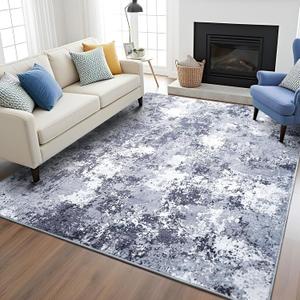 Modern Abstract 4x6 Rug, Soft Washable Area Rug for Bedroom, Non Slip Thin Foldable Low Pile Stain Resistant Carpet for Living Room Dining Room Home Office Decor, Blue White