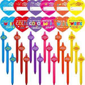 WorldBazaar 24 Pack Valentines Day Hearts Cards with Ballpoint Pens Valentine's Day Classroom Exchange Gift Set Kids Bulk Teacher Appreciation Pens Coworker Employee