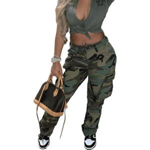 Womens Casual Camouflage Camo Cargo Long Pants with Pockets (X-Large, Army Green)