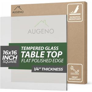 16 inch Square 1/4" Thick Flat Polished Edge Clear Glass Table Top with 6 Bumpers - Tempered, Scratch Resistant & Safety Replacement Glass for Dining, Coffee, Patio & End Tables