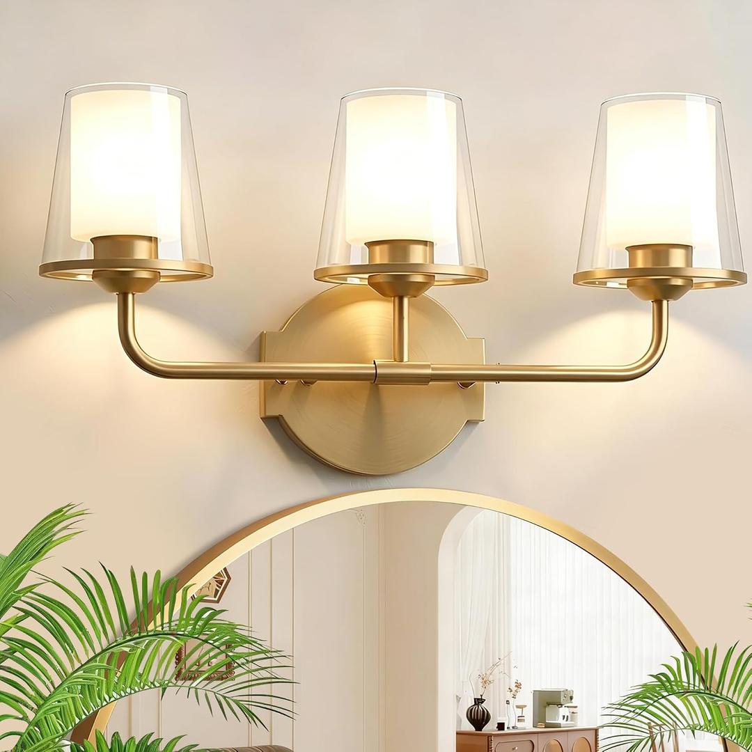 VbiTmn Gold Vanity Light, Brushed Gold Bathroom Light Fixtures, Vintage Bathroom Lights with Dual-Layer Glass Shades, Antique Brass Finish for Bathroom Mirror, Bedroom, Hallway 3-Light