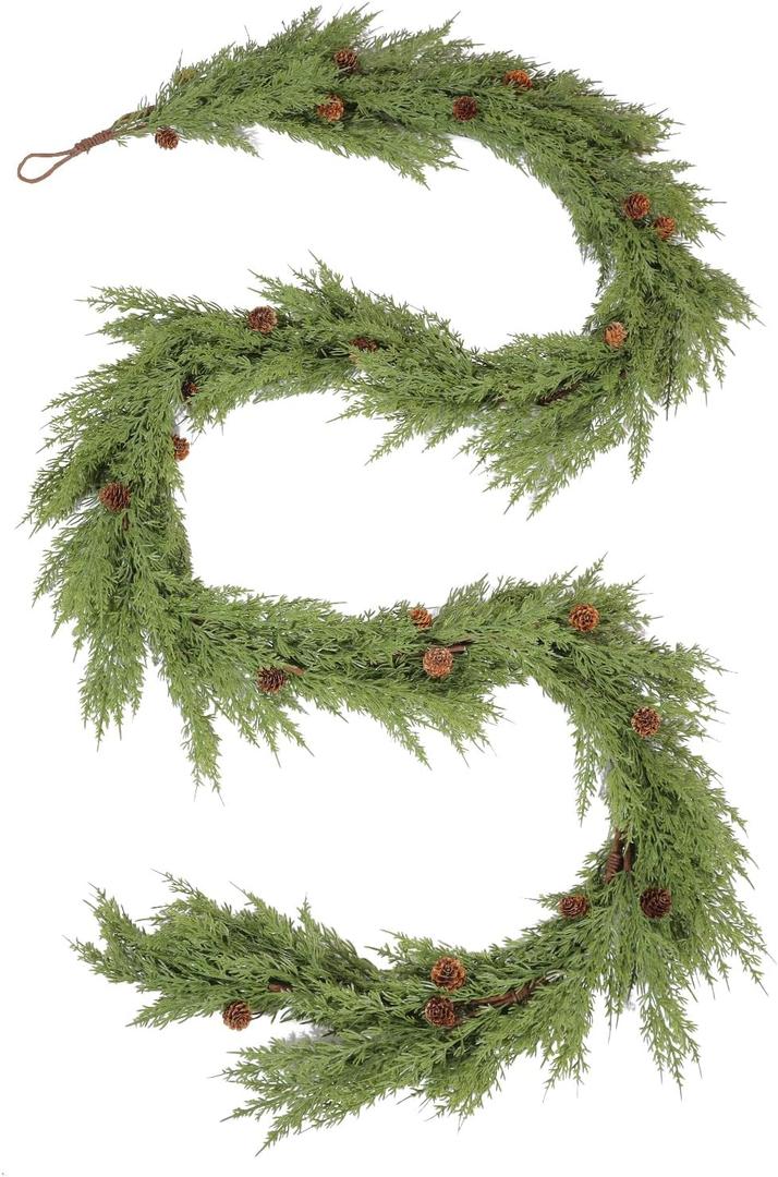 WBHome Real Touch Cypress Cedar & Pine Cone Evergreen Garland for Christmas Holiday Seasonal Outdoor/Indoor Home Decor, 9FT Long