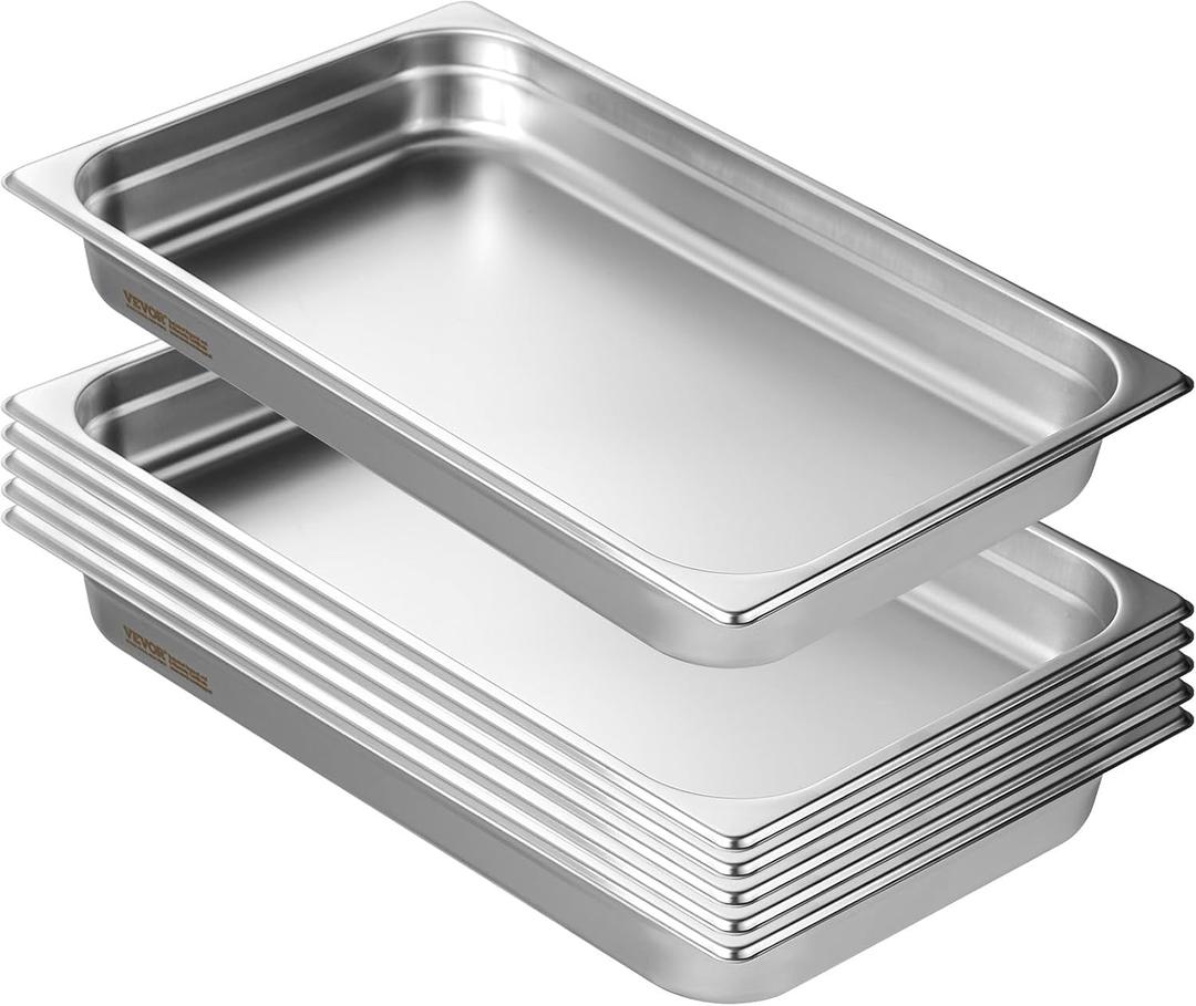 VEVOR 6 Pack Hotel Pans, Full Size Anti-Jam Steam Pan, 0.8mm Thick Stainless Steel Restaurant Steam Table Pan, 2.5-Inch Deep Commercial Table Pan, Catering Storage Food Pan, for Industrial & Scientifi
