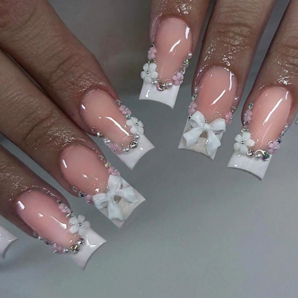 Bow Press on Nails Long Square False Nails with Colorful Rhinestone Design Pink French Tips Fake Nails Glossy Pink Stick on Nail Full Cover Summer Glue on Nail for Women Girls Manicure 24Pcs