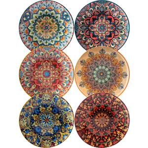 Small Dinner Plate Set of 6-8.5 Inch Ceramic Dessert Salad Plate, Microwave, Oven and Dishwasher Safe, Colorful Bohemian Style Dishes, Lightweight Round Plates for Kitchen