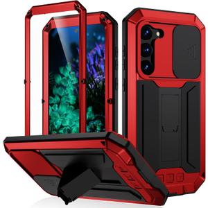 JGY Samsung S23 Plus Rugged Metal Case with Screen Protector Kickstand Camera Slide Cover for Samsung S23 Plus Full Body Military Sturdy Heavy Duty Shockproof Dorp Test Cover for Outdoor (Red)
