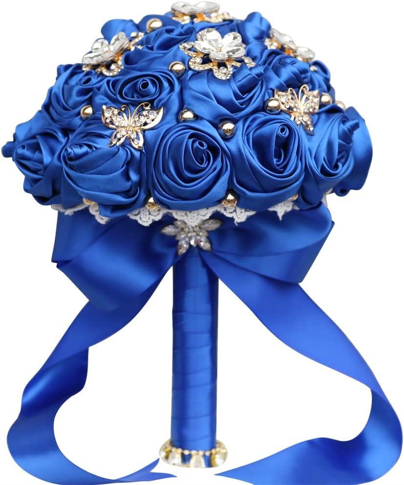 7.1" Handmade Satin Rose Bridal Bouquet Toss Round Wedding Bouquet Throw Toss Artificial Flower Bunch Royal Blue
