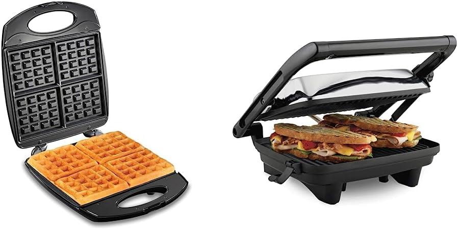 Hamilton Beach Non-Stick Belgian Waffle Maker with Indicator Lights, Makes 4 4" x 5" Mini Waffles & Electric Panini Press Grill with Locking Lid, Opens 180 Degrees