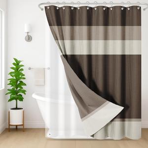 Shower Curtain and Liner, Brown Striped 3 in 1 Shower Curtain and PEVA Liner Set with 12 Rust-Resistant Metal Hooks, Waterproof Fabric Shower Curtains for Bathroom, 72 W x 72 H