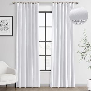 Joywell 100% Blackout Linen Curtains 80 Inches Long for Bedroom Black Out Curtain 2 Panel Set Rod Pocket Back Tab Room Darkening Drapes for Living Room Office Nursery Window 52 x 80,White