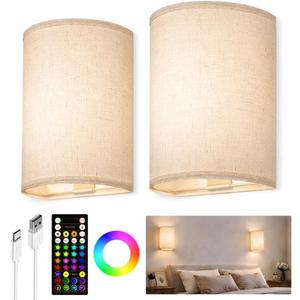 EZVALO Battery Operated Wall Sconce, Rechargeable Wall Sconces Set of Two with Remote, 3 Color & 80 RGB Wireless Wall Lights, Dimmable, Timer, Fabric Linen Shade Wall Decor for Bedroom, Living Room