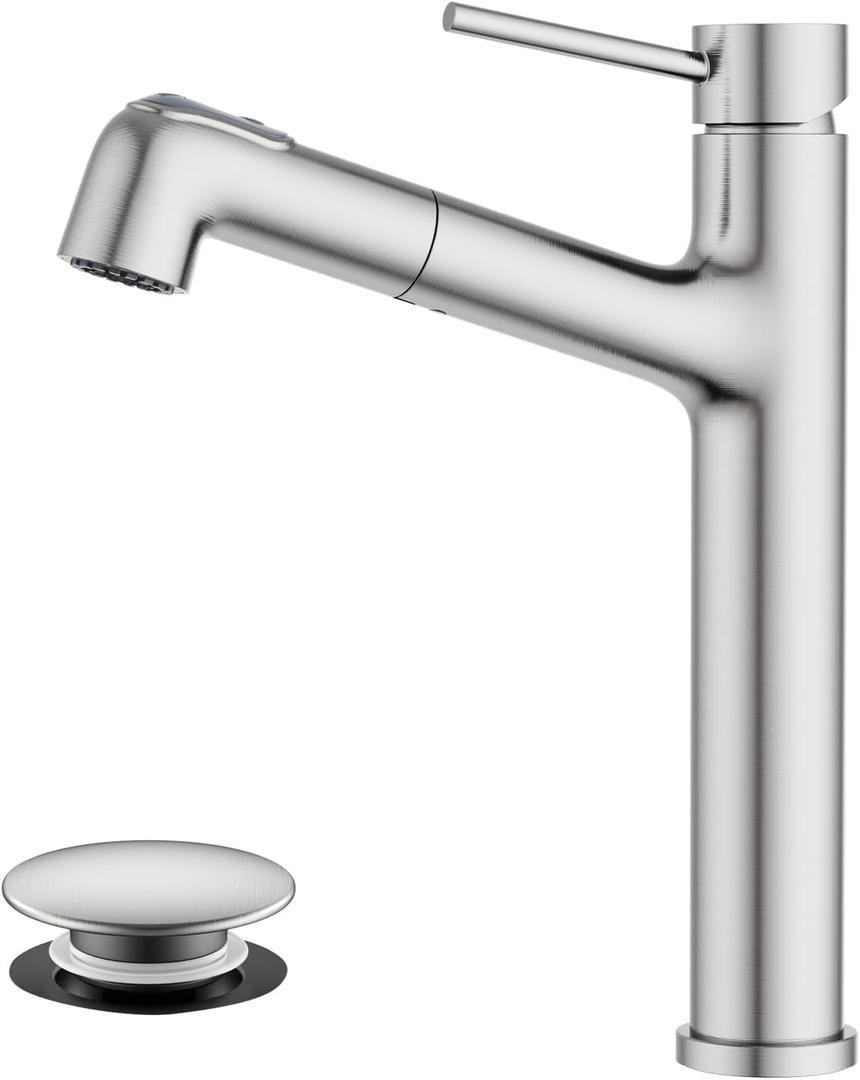 Vessel Sink Faucet with Pull Out Sprayer, Hurran Tall Bathroom Faucets with Pop Up Drain, Stainless Steel Single Handle Faucets with 2 Spout Patterns, Brushed Nickel