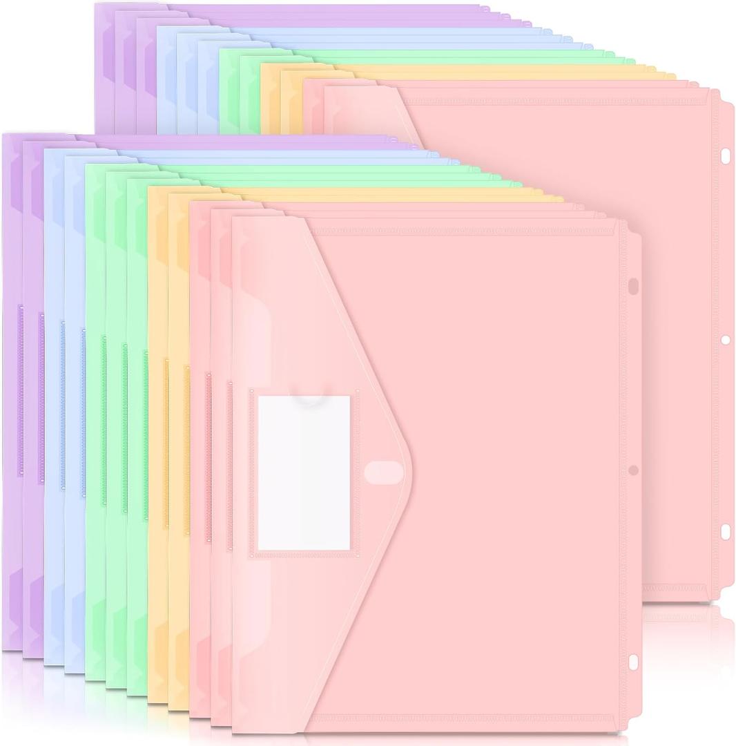 Forvencer Binder Pocket, 24 Pack Super Heavyweight Plastic Folders with Tight Closure, Binder Folders Side Loading, 3 Ring Binder Pocket, Binder Dividers with Pockets, Letter Size, Pastels Series