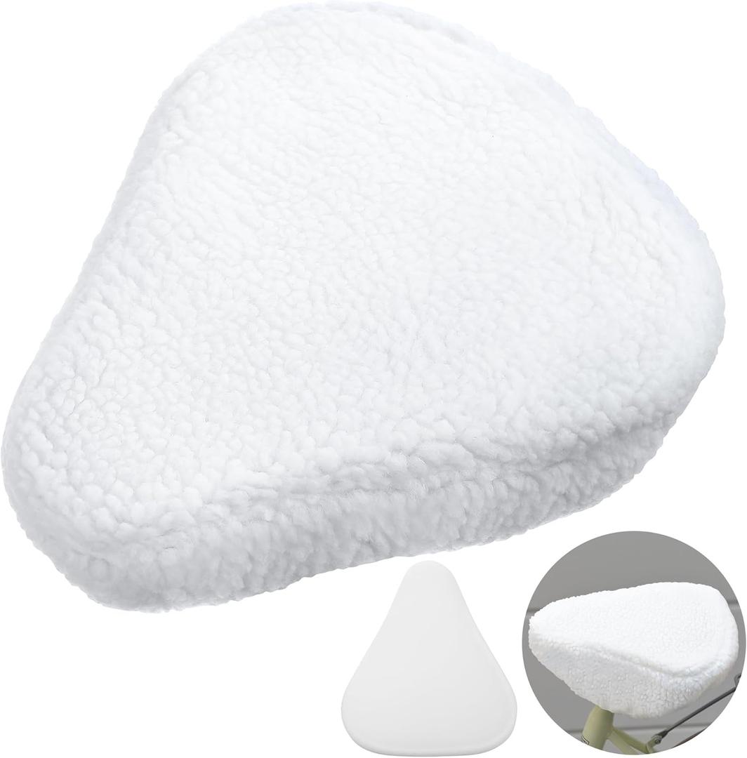 Feekoon Imitation Sheepskin Bicycle Seat Cover & Removable Sponge Padding, White Universal Sheepskin Bike Cushion Cover, Secure Fit Fur Protector for Wide Seat Spin Bike, Cruiser Exerciser