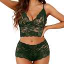 Lilosy Sexy Sheer Floral Lace Pajamas Lingerie Set High Waist Sleepwear Bra and Panty 2 Piece Nightwear (Large, Army Green)