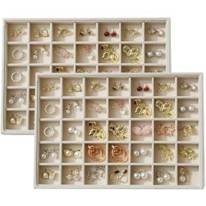 Large Velvet Jewelry Tray 2 Pack Stackable Jewelry Display Drawer Inserts Trays Organizer for Earring Bracelet Necklace Ring (Beige, 35 Grids)
