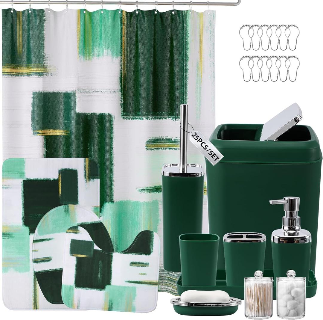 Bathroom Set - Dark Green Bathroom Accessories Set, Bathroom Sets with Shower Curtain and Rugs, Green Shower Curtain Set with Bathroom Trash Can, Soap Dispenser, Soap Dish for Home Decor (Plaid Green & Silver)