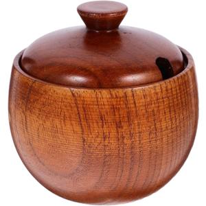 Hemoton Wooden Seasoning Bowl with Lid 3.14X3.14X3.54 Inch Natural Wood Food Container Kids Rice Bowl for Serving Rice Snacks Soup