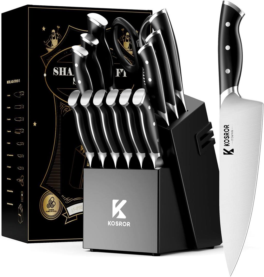Kitchen Knife Set with Block: 15-Piece German Stainless Steel with Dual Sharpener for Beginners - Covers 95% Kitchen Tasks - Black Full-Tang Ergonomic Handle, Dishwasher Safe, Easy to Use