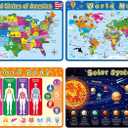 Patelai 4 Pcs Kids Placemats for Dining Table Educational Preschool Toddler Placemat,Learning,Non Slip,Washable,Reusable,Plastic,for Nursery Home Kindergarten Classroom(Map, Human Body, Solar System)