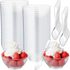 100 Pcs 3 oz Mini Dessert Bowls and Spoons Small Clear Plastic Bowl Hard Serving Cups for Appetizers Mousse Puddings Condiments Snacks Party