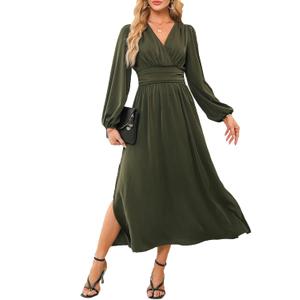 Dokotoo Wedding Guest Dresses for Women 2024 Wrap V-Neck Long Sleeve Empire Waist Dress Side Slit Ruched Party Club Prom Cocktail Maxi Dress Green X-Large