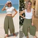 EXLURA Womens Faux Linen Wide Leg Boho Flowy Pants Summer Palazzo Casual Elastic Waist Baggy Trousers Beach Vacation Pockets (Green, XL)