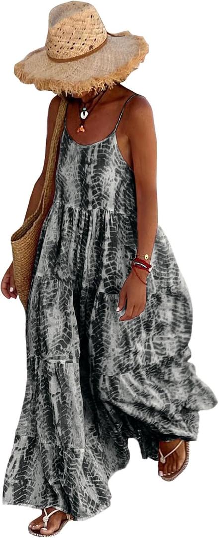 PRETTYGARDEN Women Summer Dresses 2026 Spaghetti Strap Scoop Neck Floral Maxi Dress Flowy Boho Long Sundress with Pockets (Black, L)