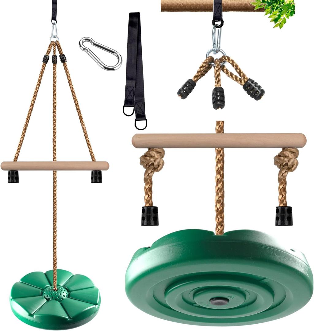 KINSPORY Disc Swing for Kids, Swing Set Accessories, 7FT Height Adjustable Gym Monkey Bars, Hanging Tree Seat for Backyard, Outdoor Play Equipment - Green