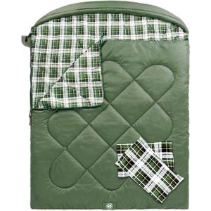 ShinHye Double Sleeping Bag for Adults with 2 Pillows, Camping Sleeping Bags Flannel Cotton 2 Person Sleeping Bags XXL Queen Size Sleeping Bag for Cold Weather (Green1, 92"62")
