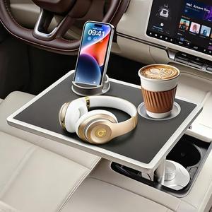 AONOX Car Food Tray & Car Table Tray with Car-Grade Aluminum Cup Holder & Phone Stand, Premium Wood with Leather Surface, 360° Rotating Car Desk for Laptop &Eating (Square, Black)