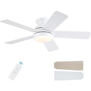 42 Inch White Ceiling Fans with Lights and Remote, LED Low Profile Flush Mount Ceiling Fan for Bedroom, Living Room, Patio, Quiet DC Motor, 5 Blades