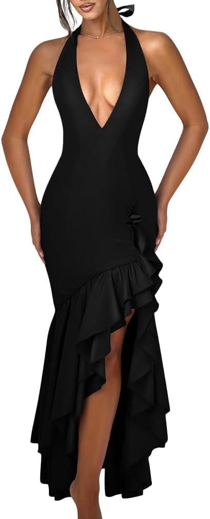 LAGSHIAN Women's Cocktail Ruffle Mermaid Maxi Dress Halter High Low Hem Wedding Guest Long Dress (Black)