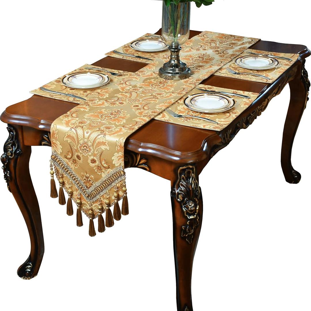 Luxury Velvet Gold Table Runner 48 Inches Long with Vintage Damask Jacquard Design for Dining Room,Living Room,Home Decor,Elegant Beaded Tapestry,Lining (Gold, 13×48 inch)