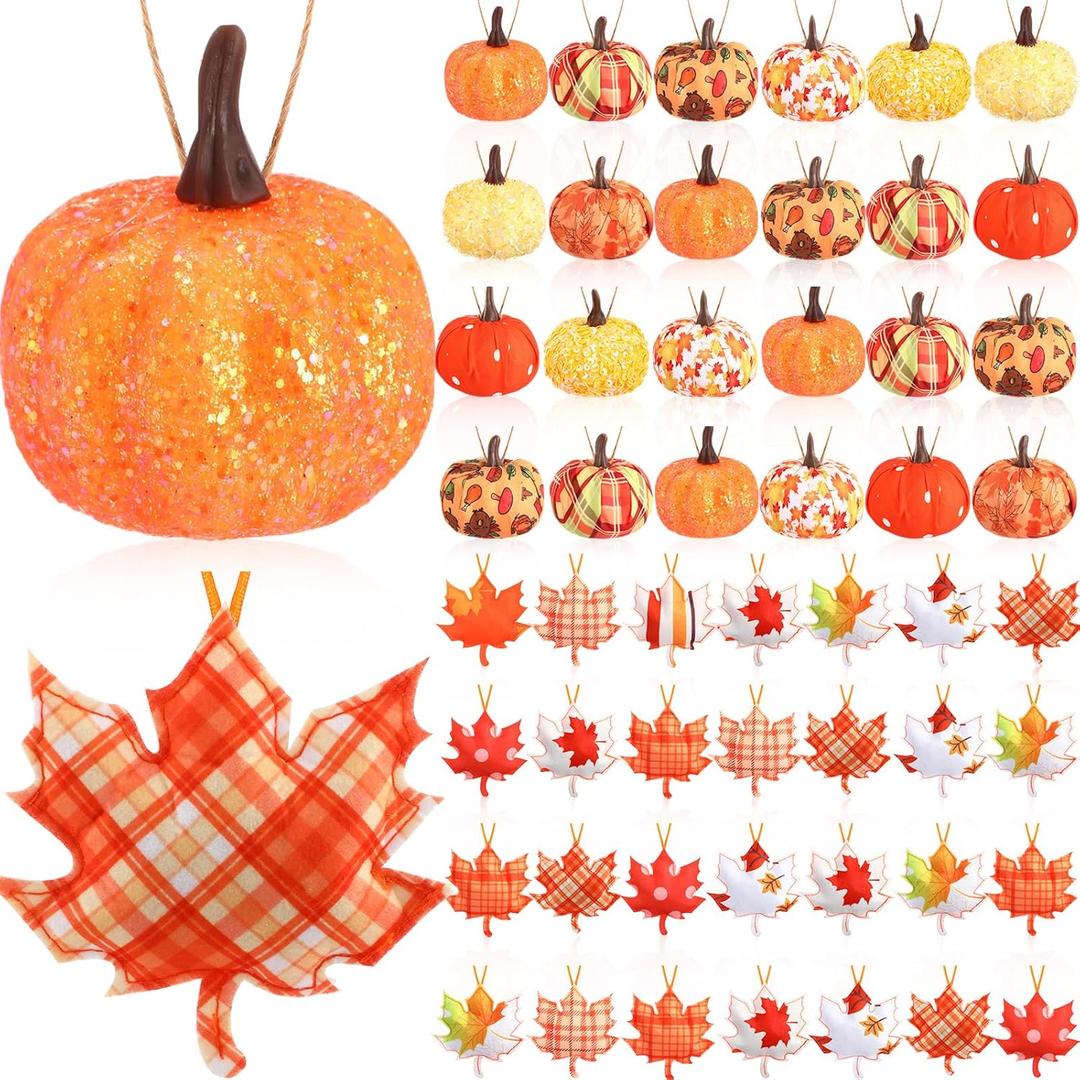 51 Pcs Fall Ornaments for Tree Thanksgiving 3D Pumpkin Felt Maple Leaf Hanging Ornaments Fall Tree Decoration for Home Farmhouse Harvest Autumn Decoration