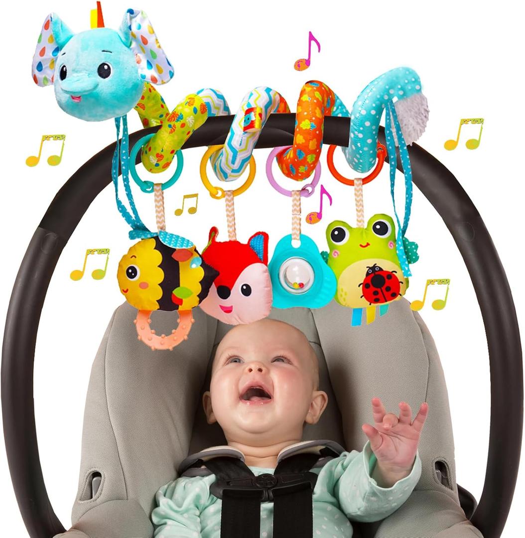BATOHO Car Seat Toys for Babies 0-6 Months, Hanging Spiral Activity Stroller Toy for Infants 3-6 Months, Developmental Toy for Newborn 0 3 6 12 Month with Music Box Rattle Squeaker- Blue Elephant