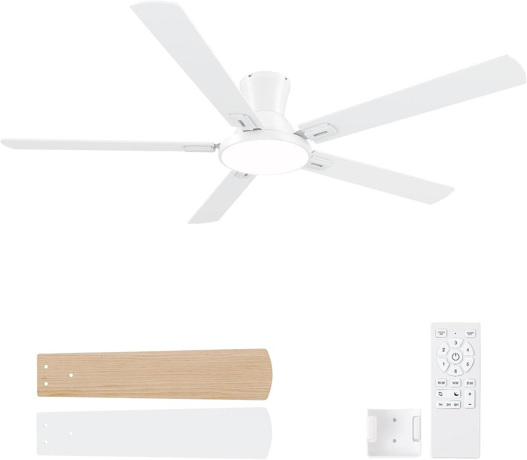 60 Inch White Ceiling Fans with Lights, Flush Mount Ceiling Fan with Remote | Low Profile 5 Blades 10 Inch Lighting Fixture, Quiet Reversible DC Motor for Living Room, Bedroom and Patio