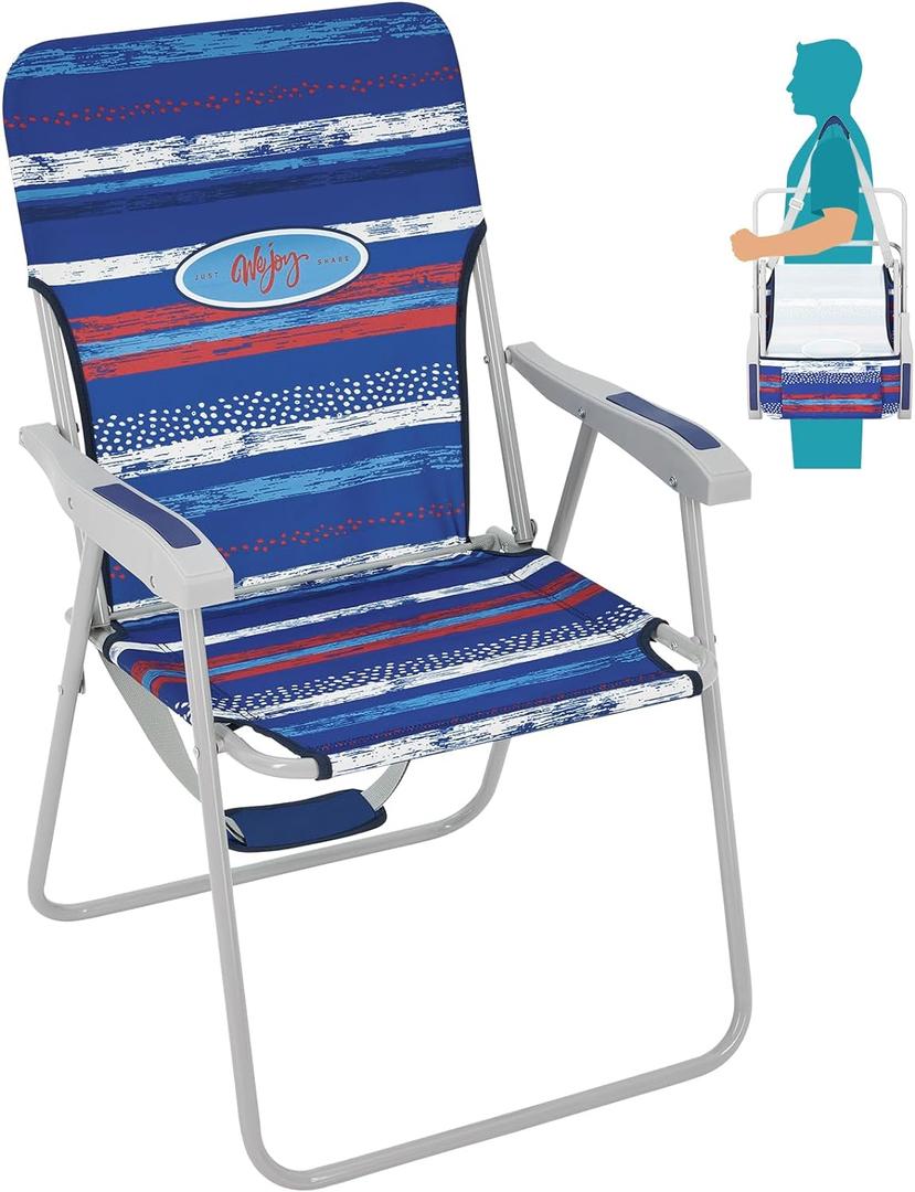 #WEJOY Folding Beach Chair for Adults, Lightweight Beach Chair with Shoulder Straps, High Back Beach Chairs with Hard Armrest, Supports 300lbs for Beach Lawn Concert (#C 1 Pack Red Blue)