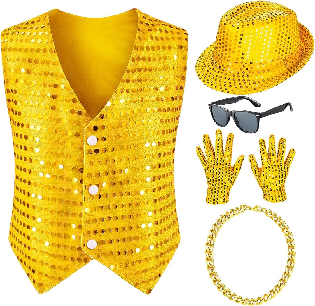 Kids Dance Hip Hop Jazz Costume Boys Sequin Vest Hat Glasses Set for Dance Party 3-12 Years (Gold)