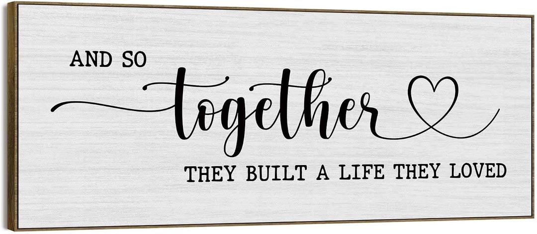 2 x And So Together They Built A Life They Loved Sign Large Wall Art Decor Framed 15x40, Above Bed Over Bed Canvas Wall Art Decor Print for Couples Bedroom, Rustic Bedroom Love Signs Wall Picture