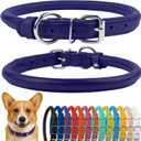 CollarDirect Rolled Leather Dog Collar, Soft Padded Round Puppy Collar, Handmade Genuine Leather Collar Dog Small Large Cat Collars 13 Colors (11-14 Inch, Purple Textured)