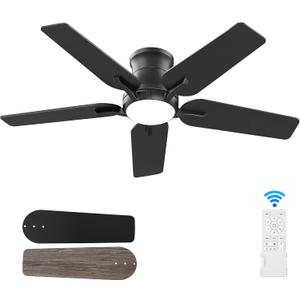 POCHFAN 42 Inch Black Ceiling Fans with Lights and Remote, Flush Mount Low Profile Ceiling Fan for Bedroom, Living Room, Patio, Dimmable 6 Speeds Noiseless Reversible, ETL Listed