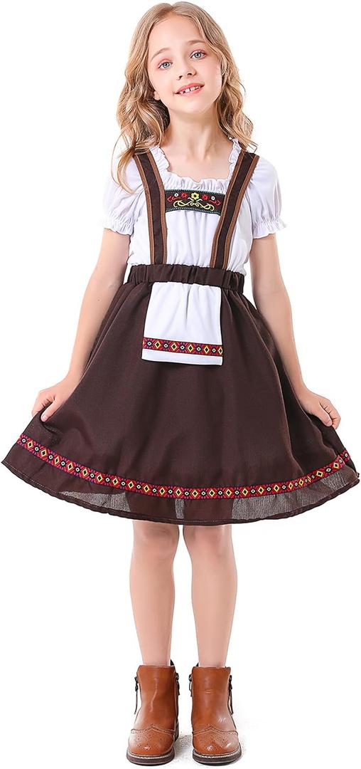 Girls Bavarian Oktoberfest Costume German Dirndl Dresses Outfit Fraulein Oktoberfest Costumes Kids (6-8Y, Brown)