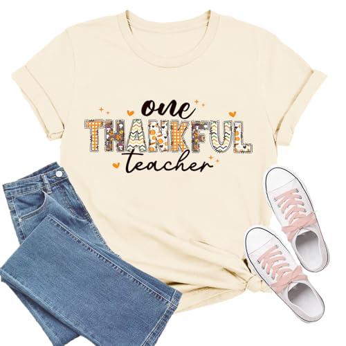 TIEEI Thanksgiving Shirts for Women One Thankful Teacher Shirt Fall Teacher Tee Tops Cream XL