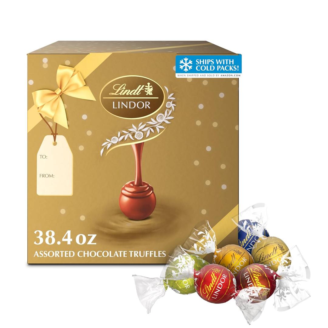 Lindt LINDOR Assorted Chocolate Truffles 90 Count Gift Box, Chocolate Candy with Smooth, Melting Truffle Center, 38.4 oz. Box (EXP 10/31/26)