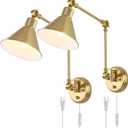 Wall Sconces Plug in, Dimmable Wall Sconces Brushed Brass Swing Arm Wall Lights Plug in Wall Mounted Light Industrial Wall Lights with 6FT Plug in Cord, E26 Base, UL Listed(Two Arms, 2 Pack)