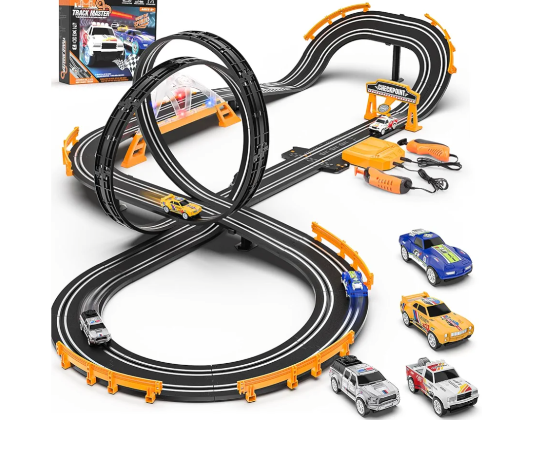 Slot Car Race Track Sets with 4 Slot Cars, Electric Race Car Track Include Slope Circular Overpass Track, Dual Racing Game Featuring Flash Bridge and Pendulum, Gifts Toys for Boys Kids Age 6 7 8-12