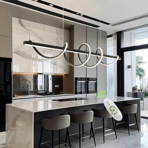Modern Kitchen Island Light Fixtures 3000K-6500K Black Pendant Lights Fixture with 59.05 inch Soft Silicone Lamp Strip DIY Outlook Modern Linear Chandelier for Table Dining Room Island